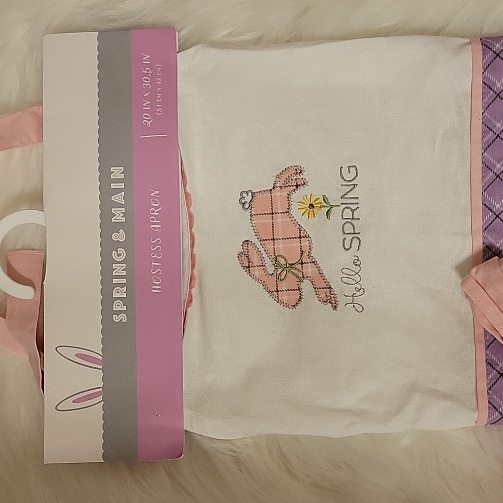Spring & Main hostess apron embroidery bunny rabbit flower pink Lilac plaid …New - Picture 2 of 9
